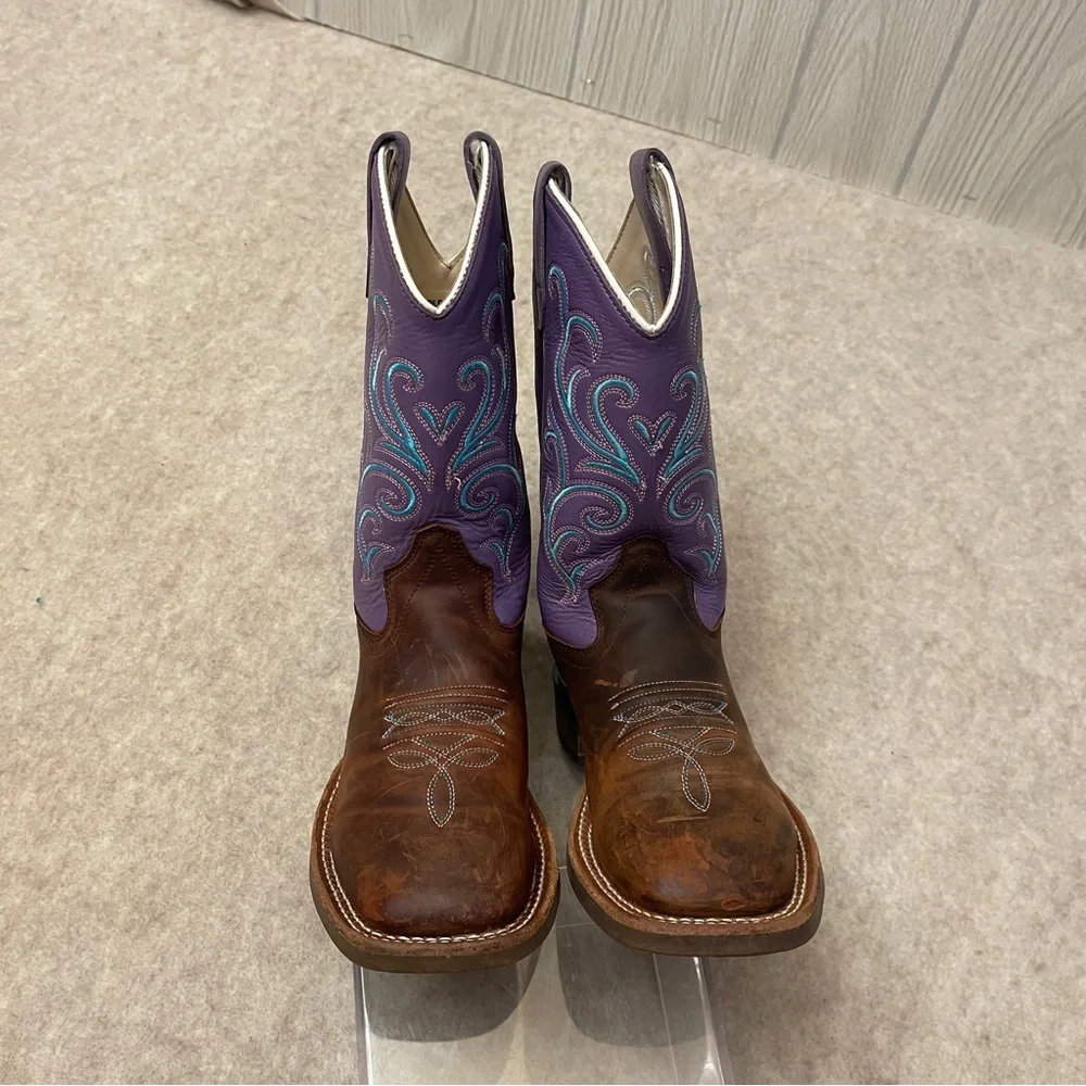 Old West Squared Toe Brown Purple Leather  Cowgirl Western Boots Girls Size 2